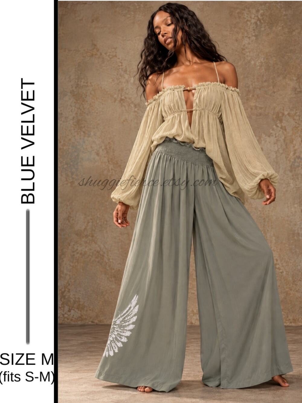 ✨Blue Velvet Upcycled Angel Wing Viscose Wide-Leg Boho Pants  Size M | Fits S–M✨